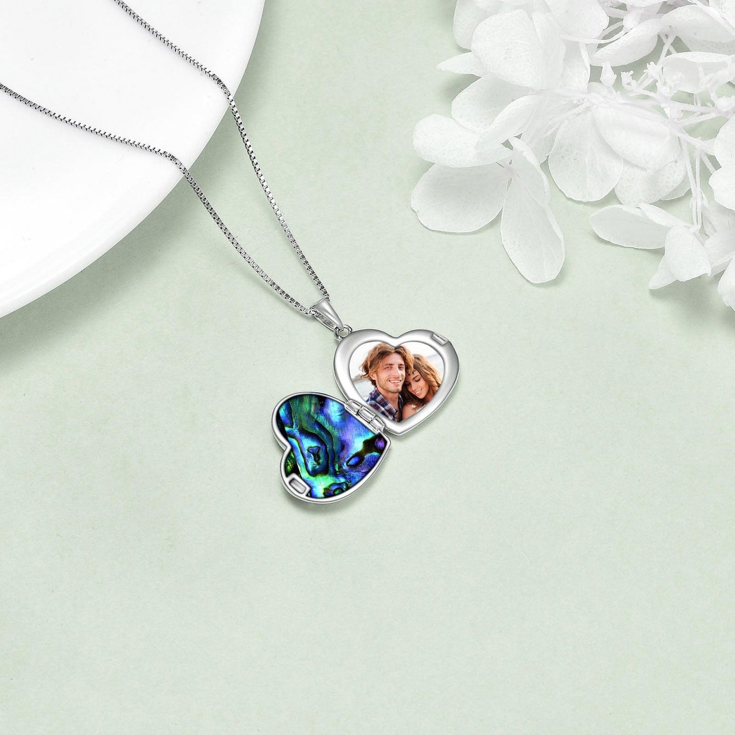 Horse and Girl Abalone Shellfish Heart Sterling Silver Photo Locket Necklace - KiwiBrands