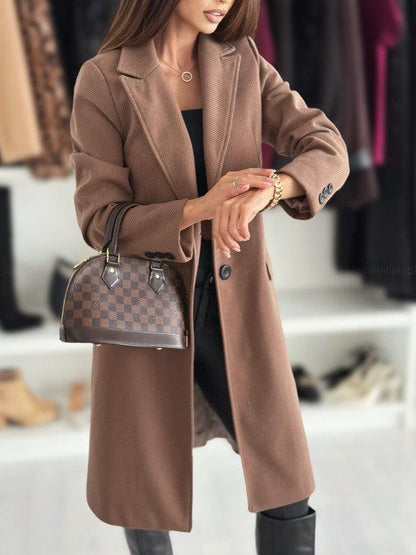 Simplicity Long Sleeve Solid Color Single-breasted Woolen Coat