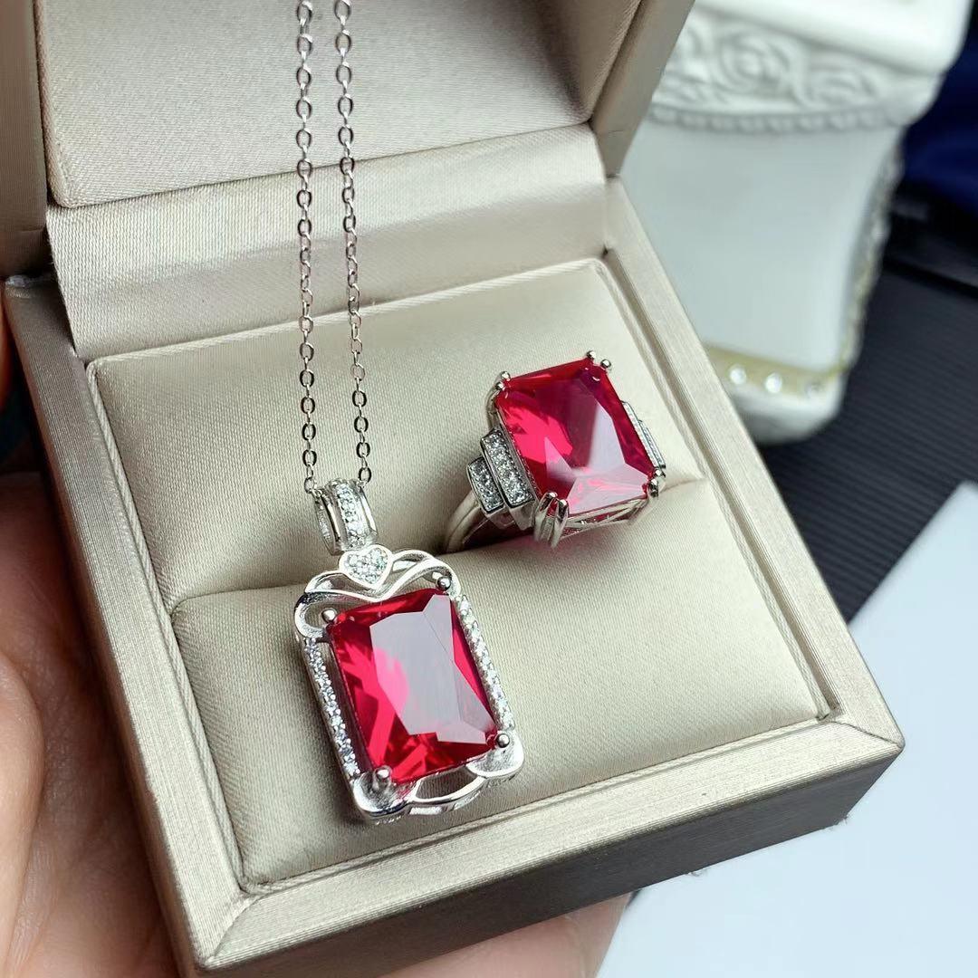 925 Silver Inlaid Gorgeous Red Corundum Suit Luxury Elegant Retro - KiwiBrands