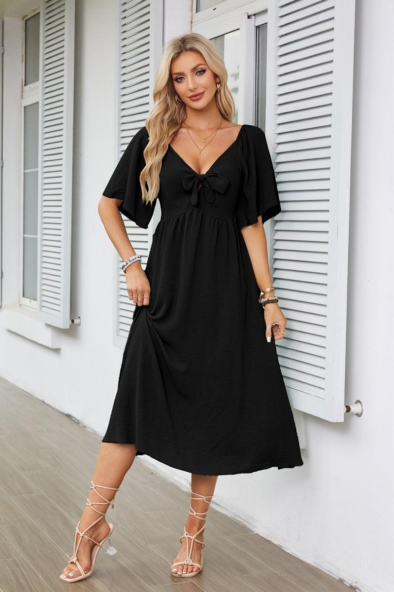 European And American Women's Clothing Spring And Summer Bow V-neck Pleated Mid-length Short Sleeve Dress - KiwiBrands