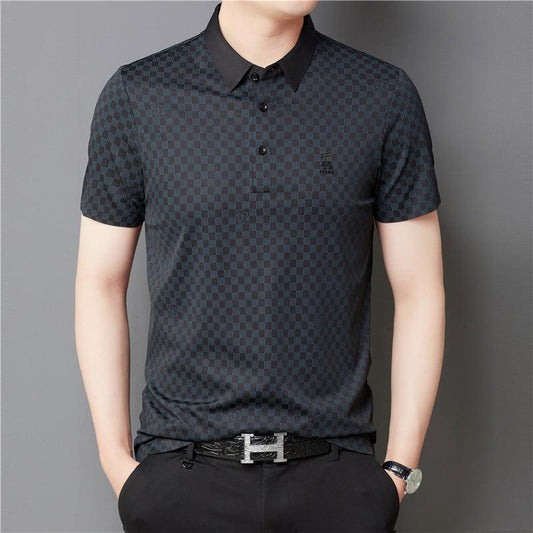 Men's Lapel Plaid Printed Seamless High Elasticity Ice Silk Short Sleeve - KiwiBrands