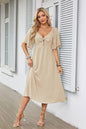 European And American Women's Clothing Spring And Summer Bow V-neck Pleated Mid-length Short Sleeve Dress - KiwiBrands