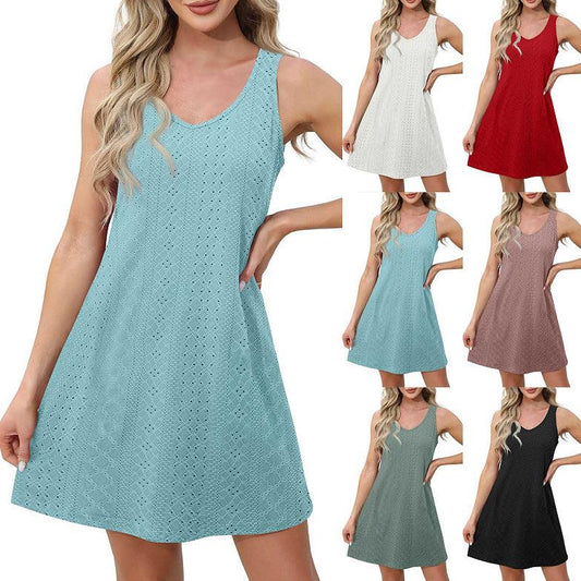 European American Summer Solid Color And V-neck Comfort And Casual Breathable Women's Sleeveless Dress