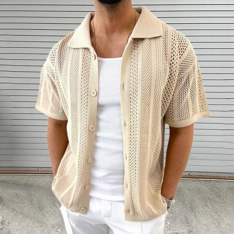 Men's Thin Sweater Lapel Short Sleeve Hollow Cardigan