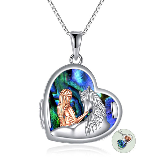 Horse and Girl Abalone Shellfish Heart Sterling Silver Photo Locket Necklace - KiwiBrands