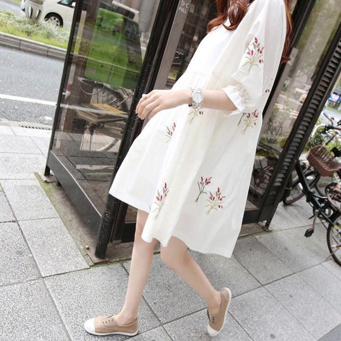 Korean Cotton And Linen Embroidery Maternity Dress And Nursing Clothes - KiwiBrands