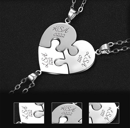 Engraved S925 Silver Jigsaw Puzzle Breakable Heart Pendant Necklaces for Couples, Friends & Family - KiwiBrands