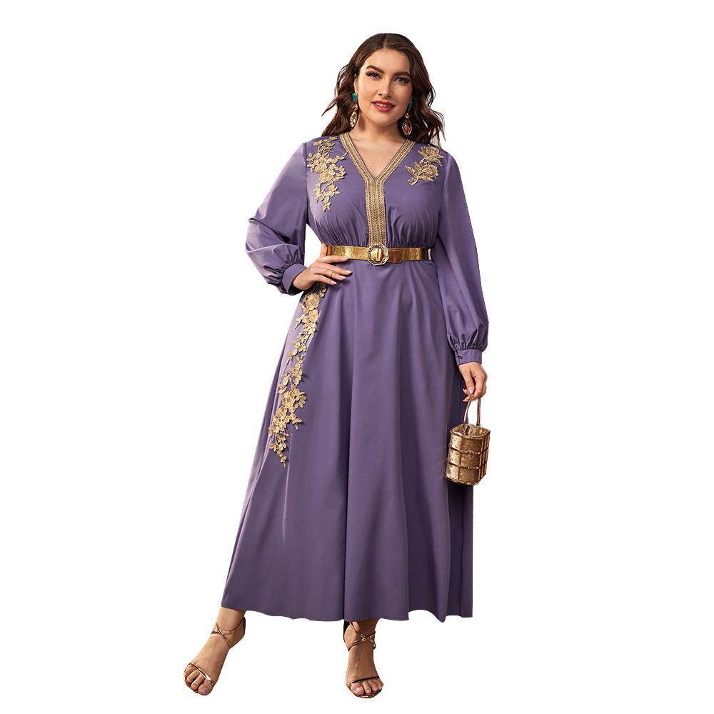 European And American Fashion Casual Plus Size V-neck Loose High Waist A- Line Dress - KiwiBrands