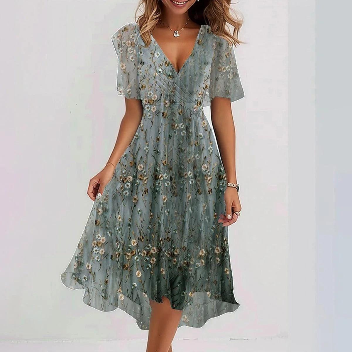 Chiffon Printed Short Sleeve Dress Summer Elegant V-neck Dresses Womens Clothing