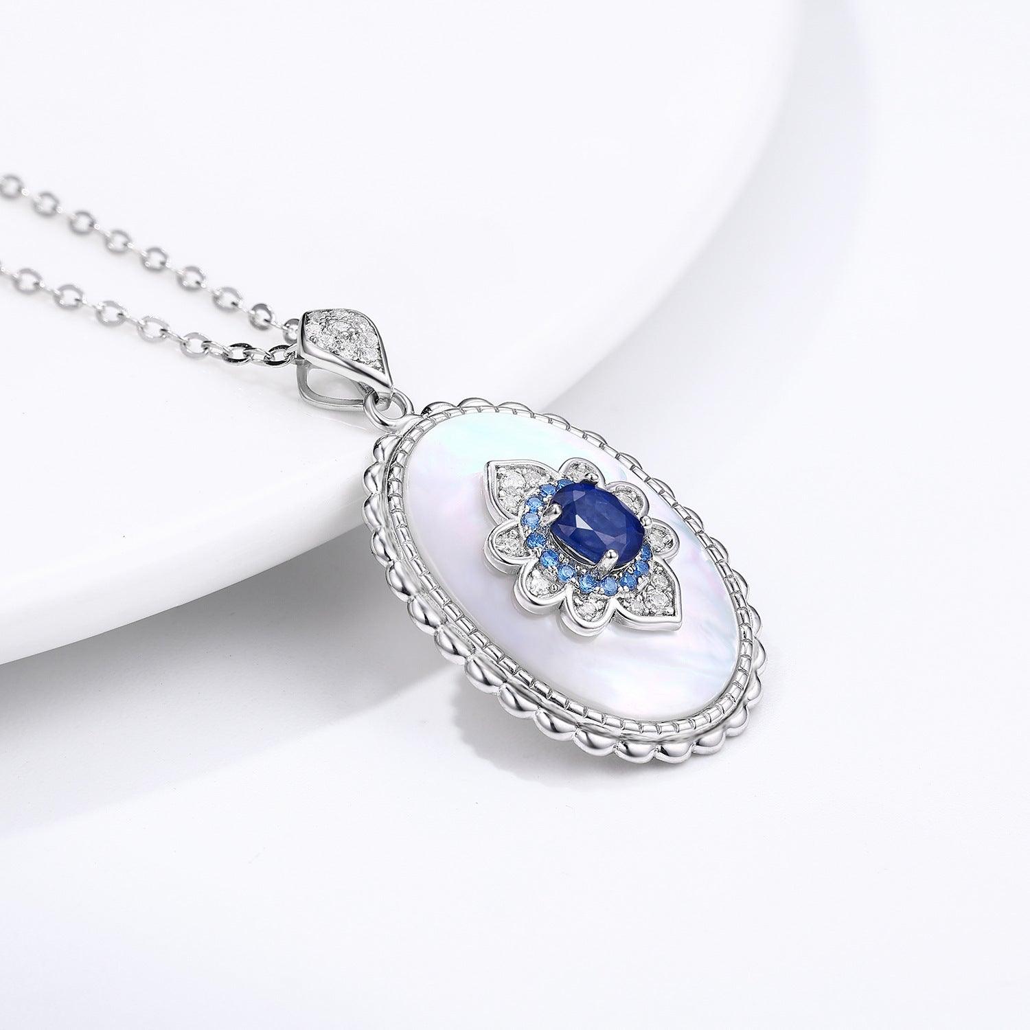 Sterling Silver Inlaid Light Luxury Natural Sapphire Pendant Necklace