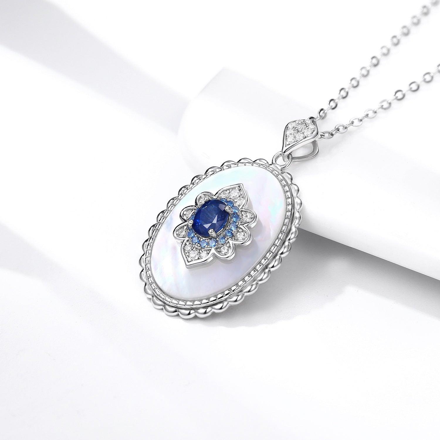 Sterling Silver Inlaid Light Luxury Natural Sapphire Pendant Necklace