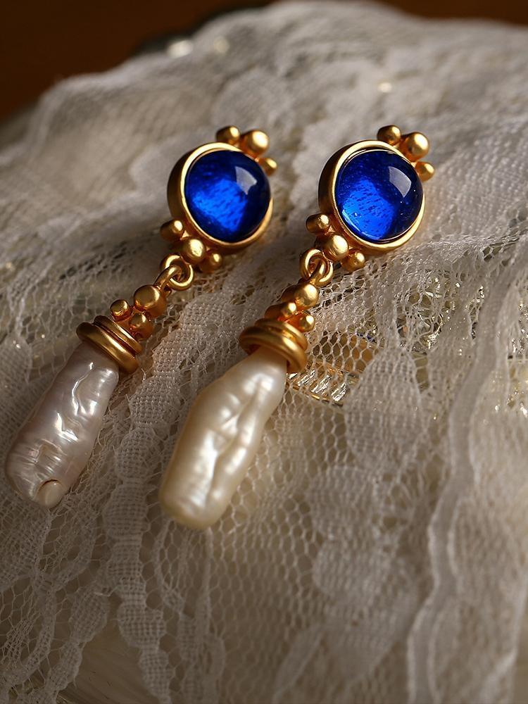 French Retro Maillard Blue Baroque Pearl Earrings - KiwiBrands