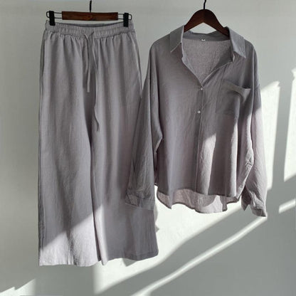 Cross-border Women's Ancient Cotton And Linen Shirt Outfit High Waist Loose Trousers - KiwiBrands