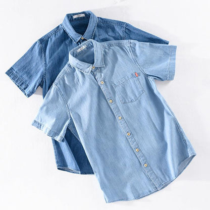 Summer Cotton Short Sleeve Denim Shirt For Men Classic All-matching - KiwiBrands