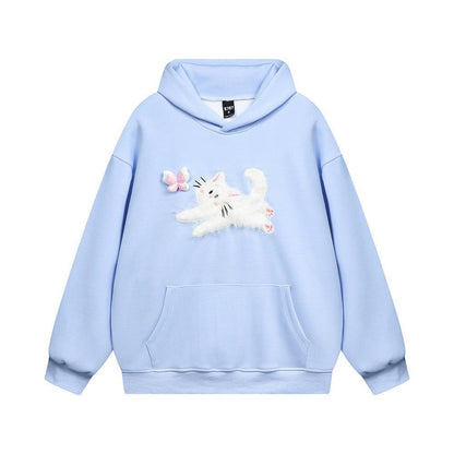 Butterfly Kitten Chain Embroidery Loose Hooded Sweater - KiwiBrands