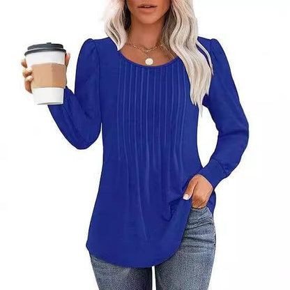 Women's Bubble Sleeve Waist Pleated Round Neck Long Sleeve T-shirt - KiwiBrands