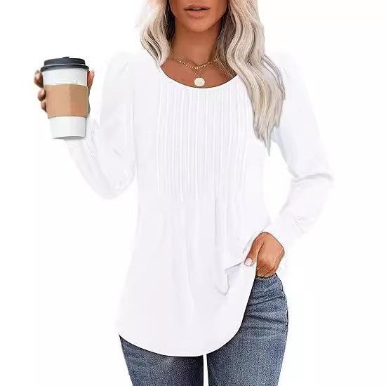 Women's Bubble Sleeve Waist Pleated Round Neck Long Sleeve T-shirt - KiwiBrands