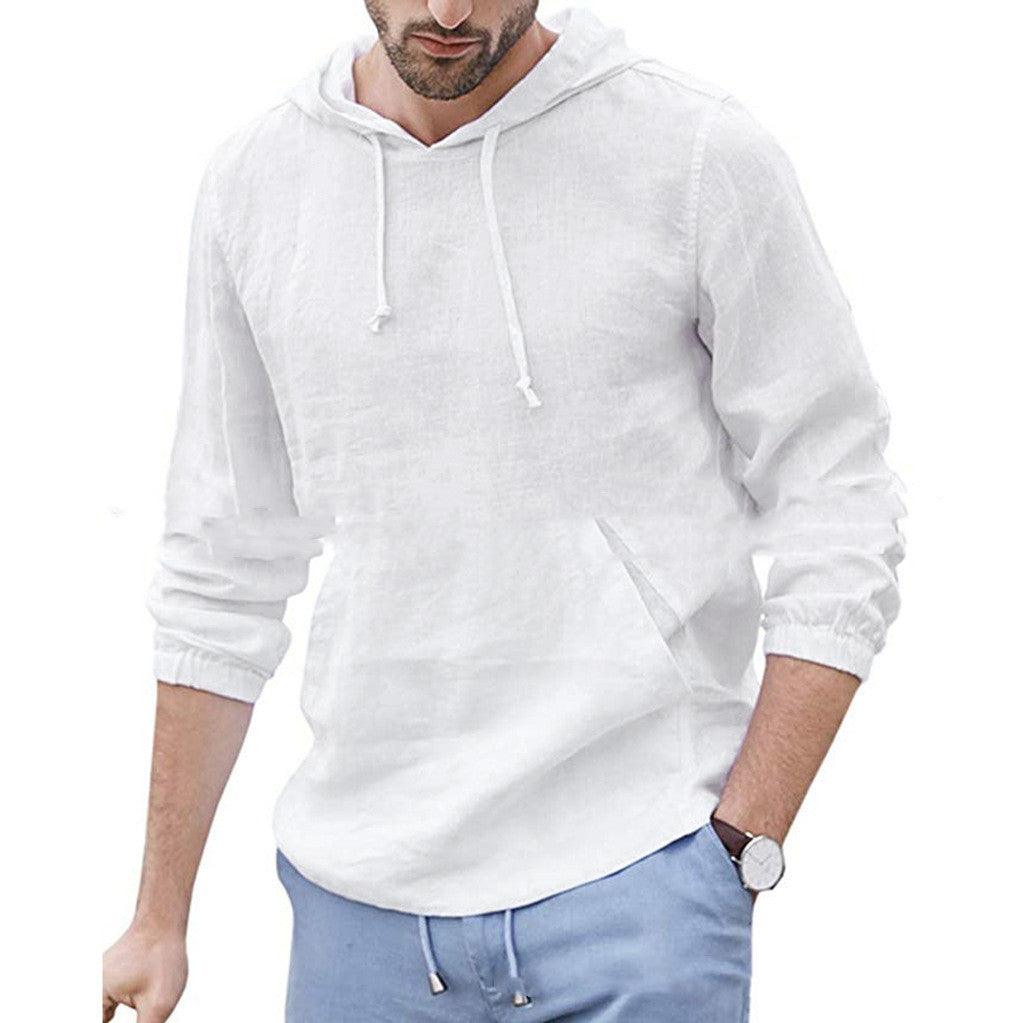 Men's Long-sleeved Hooded Cotton And Linen Shirt