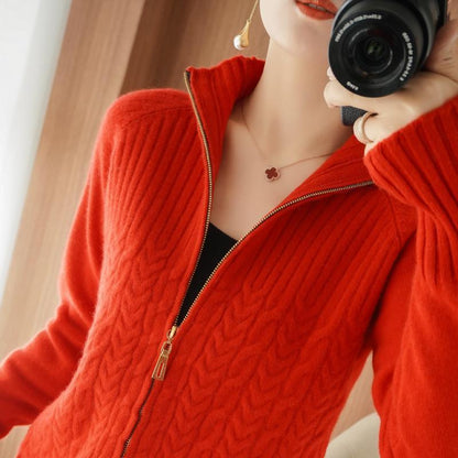 Women Autumn And Winter New High Neck Loose Twisted High Neck Short Zipper Top Fashion