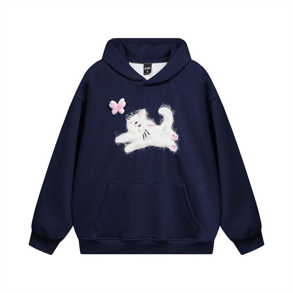 Butterfly Kitten Chain Embroidery Loose Hooded Sweater - KiwiBrands