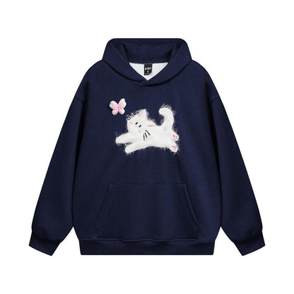 Butterfly Kitten Chain Embroidery Loose Hooded Sweater - KiwiBrands