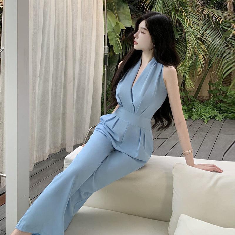 Southeast Asia French Hepburn Style V-neck Waist Trimming Lace Up Jumpsuit Women