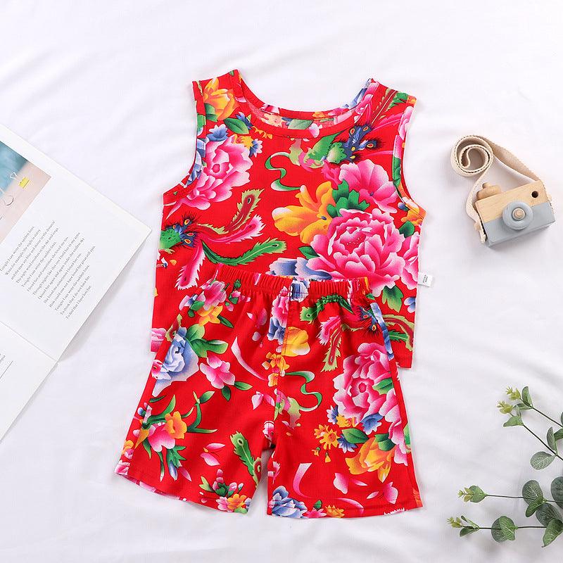 Children's Vest Suit Boys And Girls Summer Thin Cotton Silk Floral Hanging - KiwiBrands