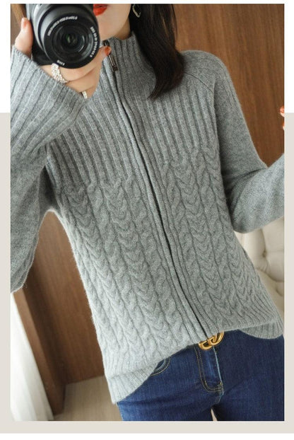 Women Autumn And Winter New High Neck Loose Twisted High Neck Short Zipper Top Fashion