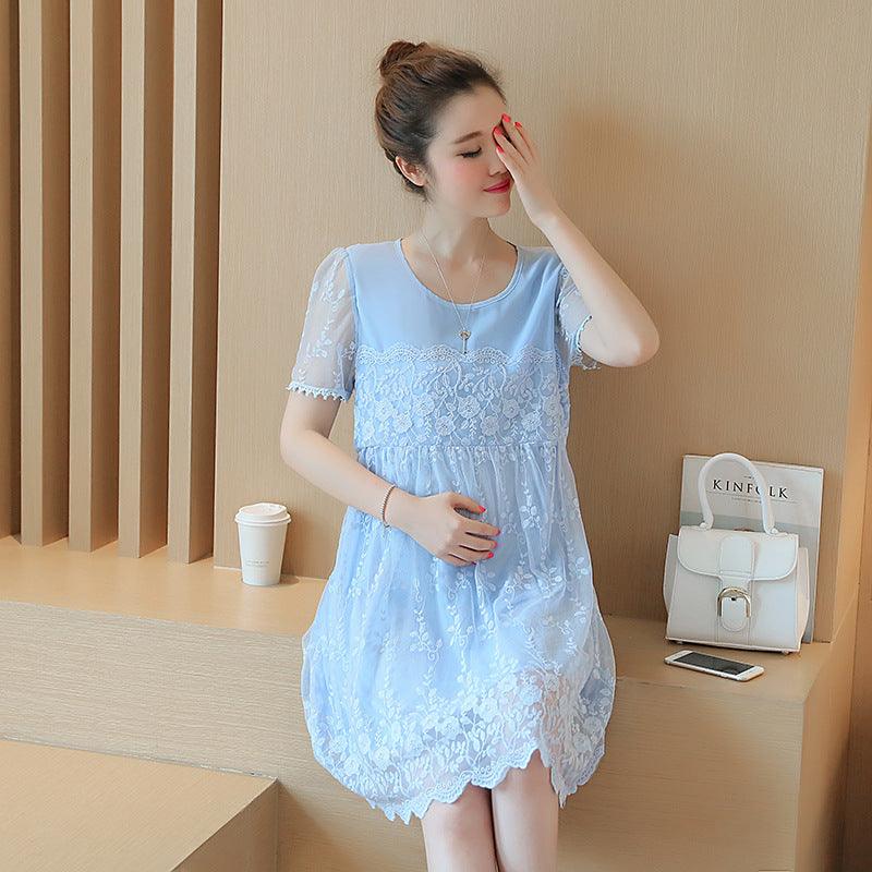 Summer new maternity dress Korean shirt lace crochet flower maternity dress long pregnant women dress - KiwiBrands