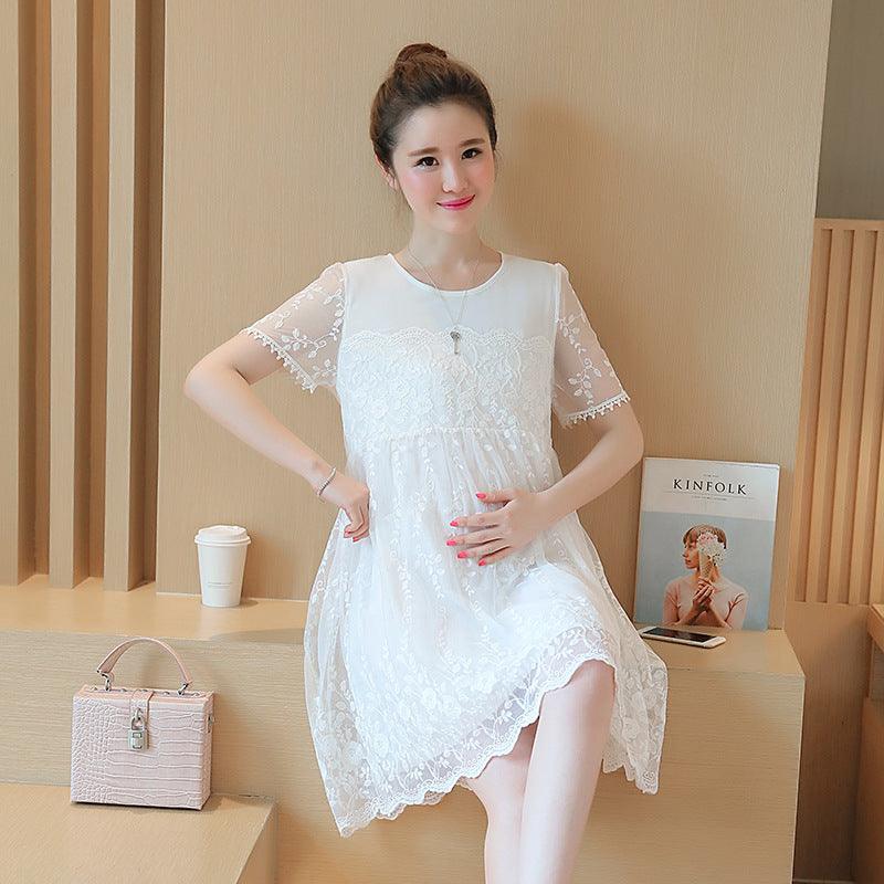 Summer new maternity dress Korean shirt lace crochet flower maternity dress long pregnant women dress - KiwiBrands