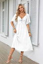 European And American Women's Clothing Spring And Summer Bow V-neck Pleated Mid-length Short Sleeve Dress - KiwiBrands