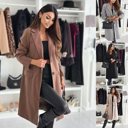 Simplicity Long Sleeve Solid Color Single-breasted Woolen Coat