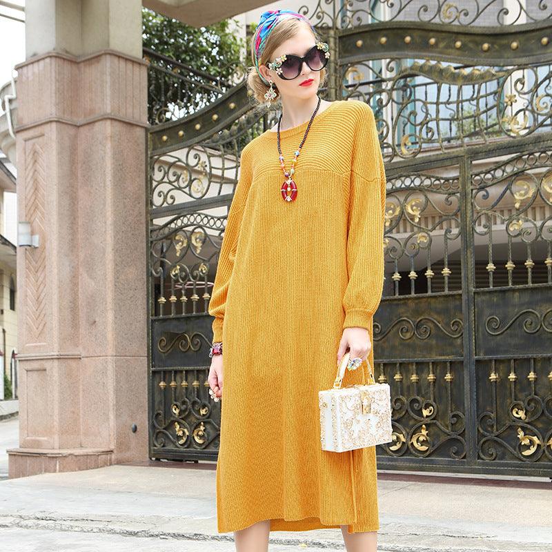 Winter warm solid color knit sweater dress long sleeve large size fat sister dress maternity dress - KiwiBrands