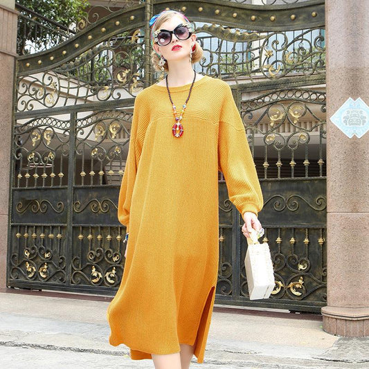 Winter warm solid color knit sweater dress long sleeve large size fat sister dress maternity dress - KiwiBrands