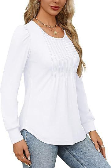 Women's Bubble Sleeve Waist Pleated Round Neck Long Sleeve T-shirt - KiwiBrands