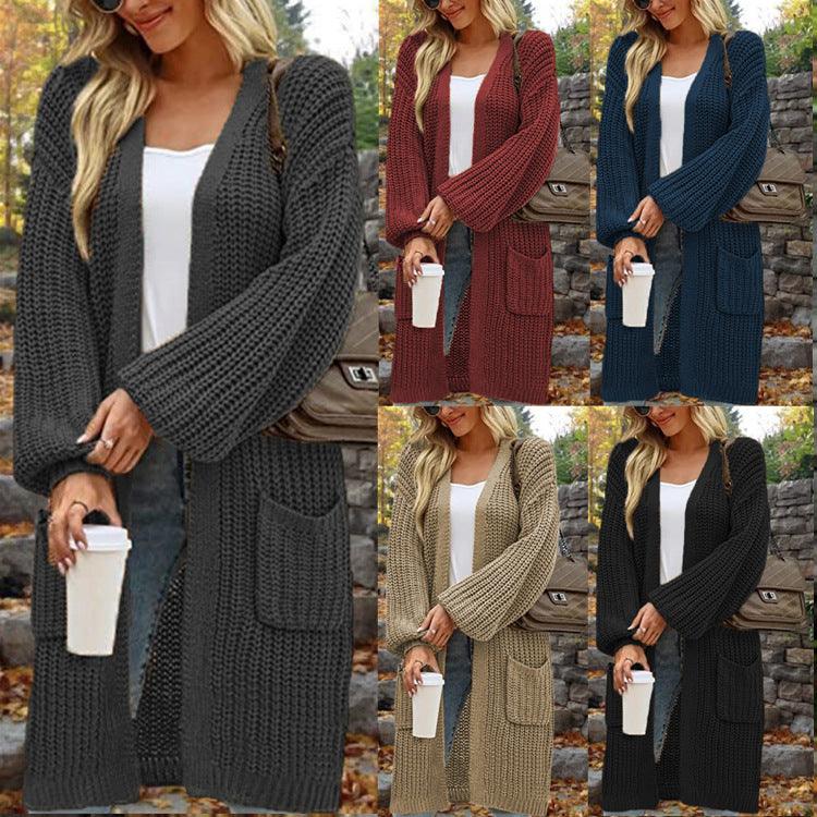 European And American Loose Lantern Sleeve Sweater Women's Cardigan Mid-length Autumn And Winter Pocket Coat