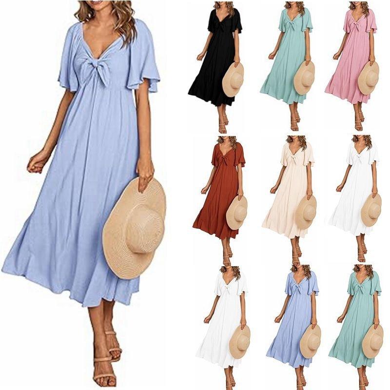 European And American Women's Clothing Spring And Summer Bow V-neck Pleated Mid-length Short Sleeve Dress