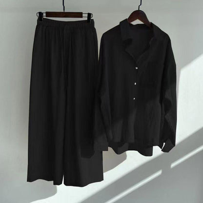 Cross-border Women's Ancient Cotton And Linen Shirt Outfit High Waist Loose Trousers - KiwiBrands