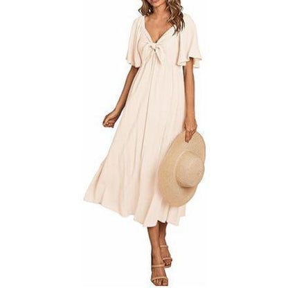 European And American Women's Clothing Spring And Summer Bow V-neck Pleated Mid-length Short Sleeve Dress - KiwiBrands