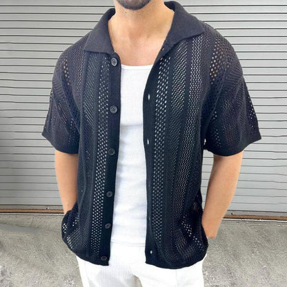 Men's Thin Sweater Lapel Short Sleeve Hollow Cardigan