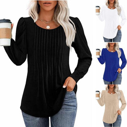 Women's Bubble Sleeve Waist Pleated Round Neck Long Sleeve T-shirt - KiwiBrands