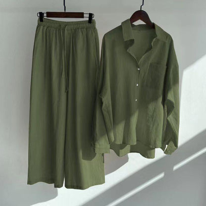 Cross-border Women's Ancient Cotton And Linen Shirt Outfit High Waist Loose Trousers - KiwiBrands