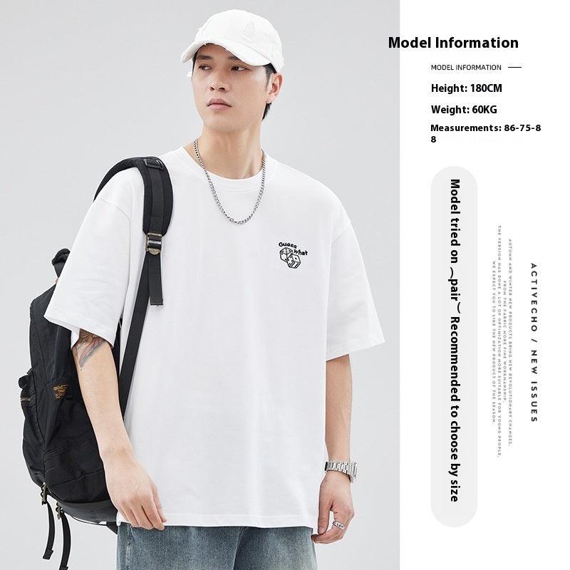 Pure Cotton Embroidery T-shirt Men's Japanese Style Simple Summer Couple's Tops - KiwiBrands