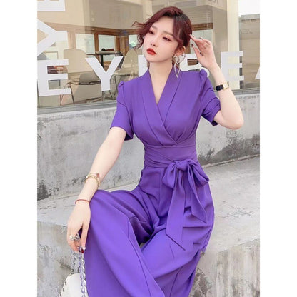 Elegant Temperament Pure Color High Waist Slimming Lace-up Wide Leg Jumpsuit