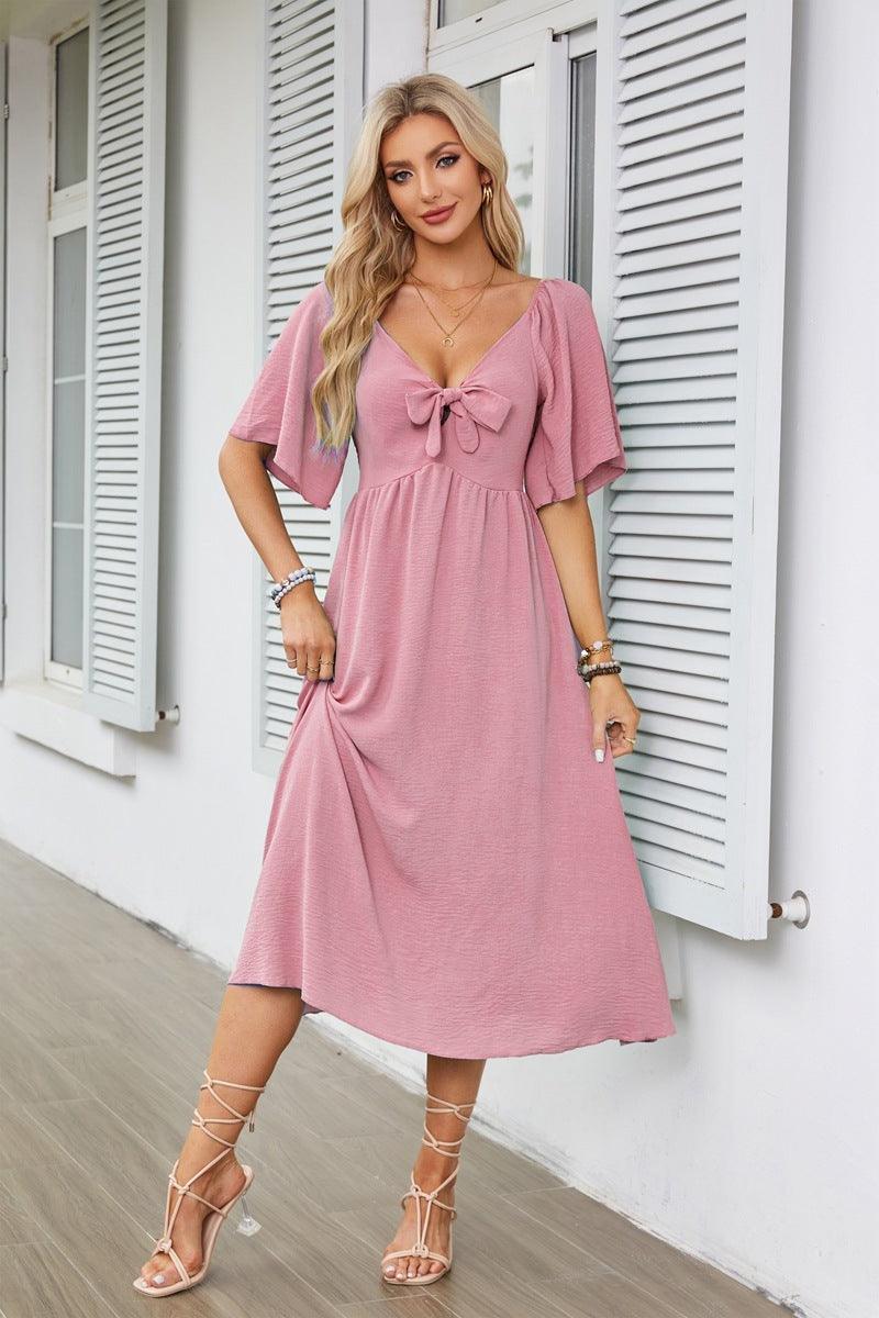 European And American Women's Clothing Spring And Summer Bow V-neck Pleated Mid-length Short Sleeve Dress - KiwiBrands