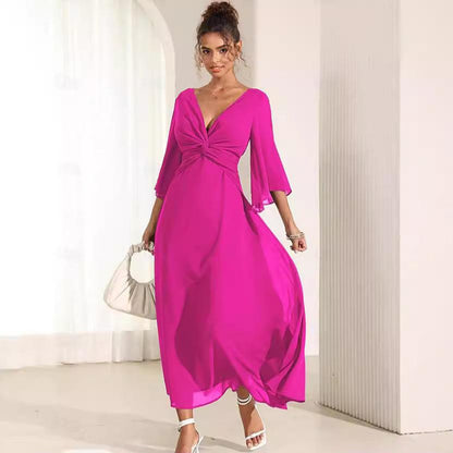 Solid Color V-neck Bell Sleeve Extra Long Dress