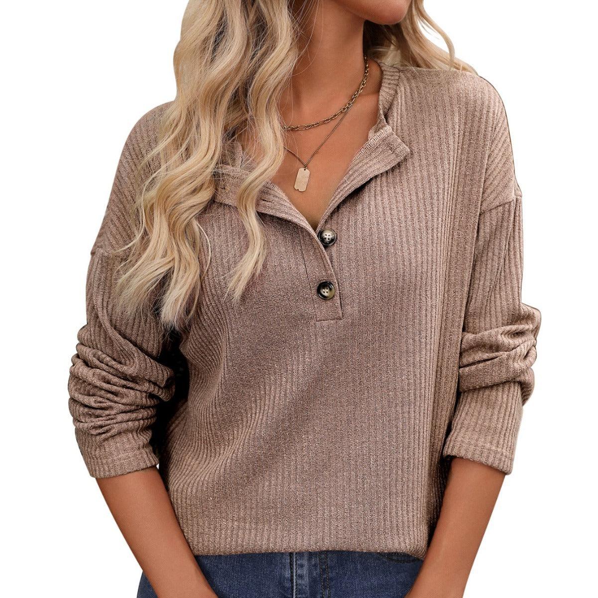 Women's Loose Sunken Stripe Long Sleeve Button T-shirt - KiwiBrands