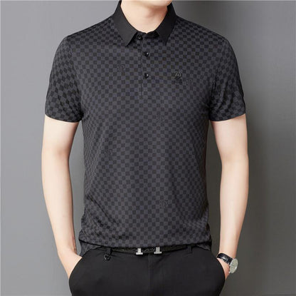 Men's Lapel Plaid Printed Seamless High Elasticity Ice Silk Short Sleeve - KiwiBrands