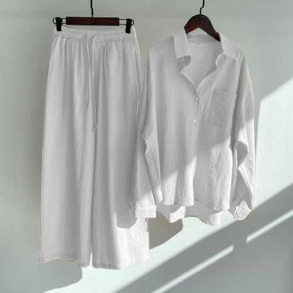 Cross-border Women's Ancient Cotton And Linen Shirt Outfit High Waist Loose Trousers - KiwiBrands