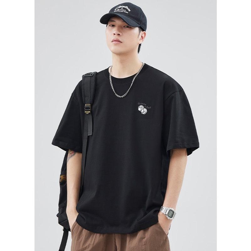 Pure Cotton Embroidery T-shirt Men's Japanese Style Simple Summer Couple's Tops - KiwiBrands